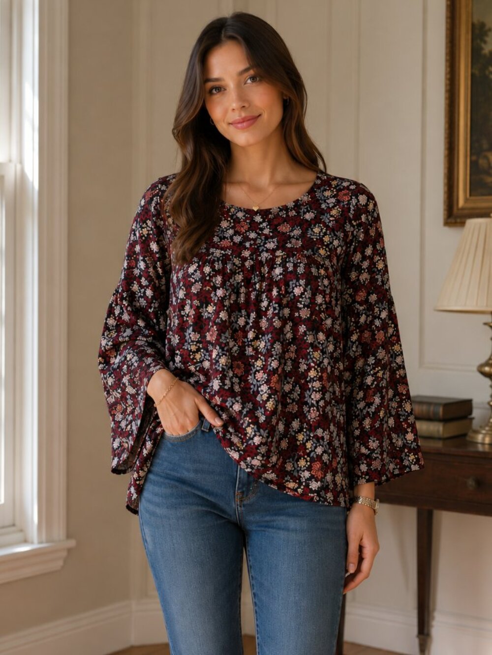LOFT Outlet Sz Medium Black Floral Bell-Sleeve Top